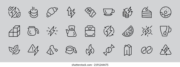 COFFEE and TEA LINEAR ICONS SET, contains Icons of tea, tea bag, Coffee machine, cake, sugar, teapot, cup, milk, cream, Lemon, chocolate bar, LINEAR ICONS Editable stroke