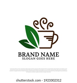 Coffee and tea logo vector inspiration, vector template of green leaf with mug Illustration design line art