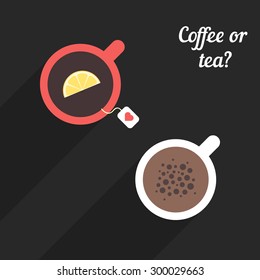 coffee and tea with long shadow. concept of morning breakfast, arabica, chocolate, tea party or break, coffeehouse. isolated on black background. flat style trend modern design vector illustration