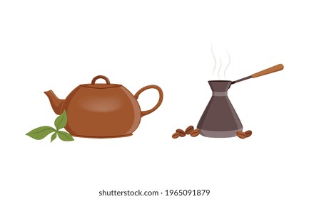 Coffee and Tea Making Equipment Set, Ceramic Teapot and Cezve Cartoon Vector Illustration
