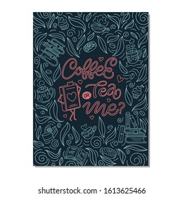
Coffee tea or me card design with pin-up style book. Colorful doodle hand-drawn style, printable and editable. Decorative border, cups, cupcakes, book stack and donuts. Red and mint colors on dark.