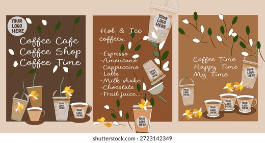 Café e chá menu design em um projeto marrom e folhosa. Decoração do menu da cafeteria. Ilustração vetorial desenhada à mão bonito, ideias para cartazes de menu, cartões, brochuras, panfletos, convites ou folhetos.