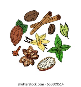 Coffee, tea, mint, cocoa, cinnamon, Vanilla. Vector set of spices for baking and hot drinks in a flat style. Doodle style. Design icon, print, logo, poster, symbol, decor, textile, paper, card. 