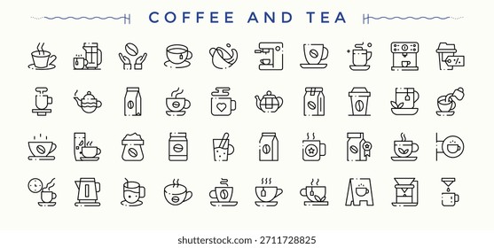 Conjunto de iconos modernos de café y té. Conjunto de iconos de línea de cafeterías. colección de iconos de contorno de Vector. Contiene información relacionada con hojas, cafés, té, bebida, desayuno y más. Píxel perfecto. Trazo editable.