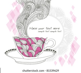 coffee and tea mug with abstract doodle pattern. Cup background. Hot drink in the beautiful mug.