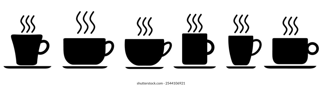 coffee or tea in mug cup, hot drink with smoke or steam and plate, break time, menu for cafeteria, restaurant or cafe, illustration vector