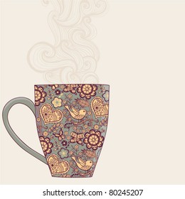 coffee and tea mug with  floral pattern. Cup background. Hot drink in the beautiful mug.