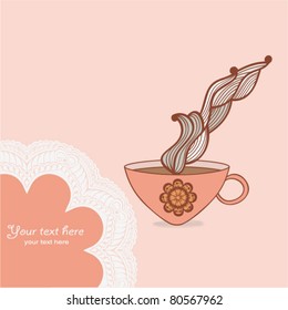 coffee and tea mug with floral pattern. Cup background. Hot drink in the beautiful mug with  lacy frame for your text