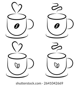 Coffee and Tea Mug Line Art Icons Set. Set of four minimalist line art vector icons featuring steaming hot mugs, with designs for both coffee (bean) and tea (leaf). vector illustration.