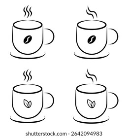 Coffee and Tea Mug Line Art Icons Set. Set of four minimalist line art vector icons featuring steaming hot mugs, with designs for both coffee (bean) and tea (leaf). vector illustration.