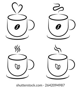 Coffee and Tea Mug Line Art Icons Set. Set of four minimalist line art vector icons featuring steaming hot mugs, with designs for both coffee (bean) and tea (leaf). vector illustration.
