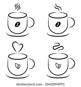 Coffee and Tea Mug Line Art Icons Set. Set of four minimalist line art vector icons featuring steaming hot mugs, with designs for both coffee (bean) and tea (leaf). vector illustration.