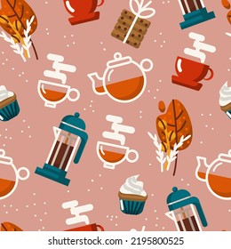 Coffee and tea mugs, teapot, kettle, cake, sweets slices and autumn leaves. Flat vector seamless pattern. Colored vector seamless pattern. Beige background