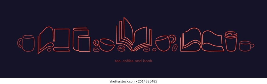 Coffee, tea, open books line border. Vector symbol for cafe shop design, library print. Breakfast time, aroma cups, glass. Modern minimal golden sketch on black background. Editable stroke