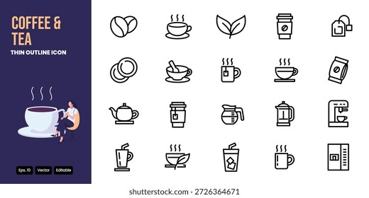 Diseño de Vector de conjunto de iconos de contorno de café y té bueno para el Web y el App móvil