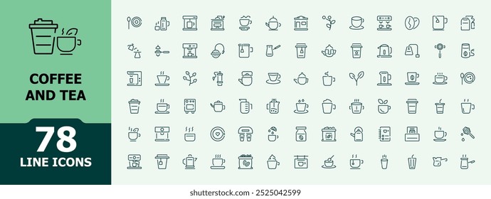 Coffee and tea outline icons. Related to drinks, beverage, cafe, vending and more. Minimalist linear icon collection. Editable stroke. Vector illustration.