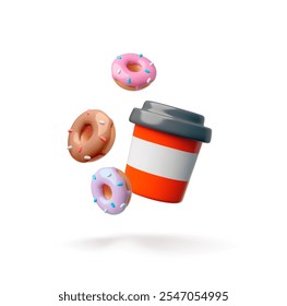 Taza de papel de café o té con rosquillas Icono de Vector de estilo plástico de dibujos animados 3D. Bebida caliente para llevar realista con panadería dulce. Donas voladoras brillantes y café para llevar