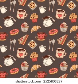 Coffee, tea, and pastries on dark brown vector seamless pattern design.