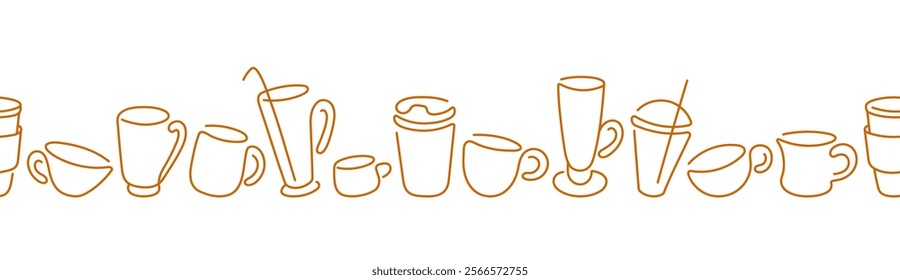 Coffee, tea pattern. Vector one line seamless border. Sketch drawing backdrop. Paper cup, plastic container for hot, cold drink, juice, aroma cocoa. Abstract print for food package, cafe shop design