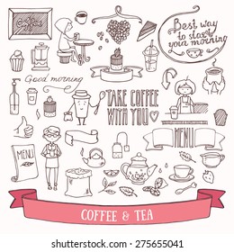 Coffee, tea and people characters doodle set. Hand drawn vector illustration.
