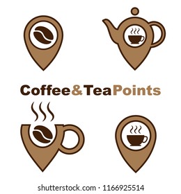 Coffee and tea point logos set isolated on white background. Vector design elements, business signs, labels, badges, logos, identity and other branding objects for your business