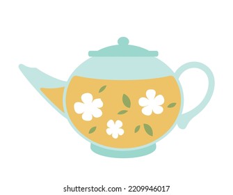 Coffee or tea in pot. Hot drinks, homemade dishes. Comfort and coziness in apartment. Poster or banner for website. Sticker for social networks and messengers. Cartoon flat vector illustration
