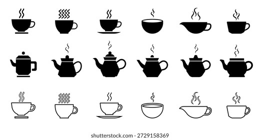 Kaffee-und Teekanne Ikone Sammlung, Café Wasserkocher Silhouette, Getränk Service-Set