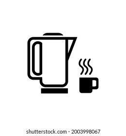 Coffee or tea pot and steaming cup of beverage. Hot drink concept. Black flat icon. Vector isolated on white background.