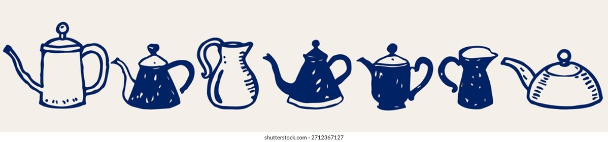 Coffee and Tea Pots Doodles Set. Tea and Coffee Pot Abstract Minimal Simple Drawing. Hot Drink Concept Vector Illustration. Not AI