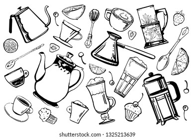 Coffee and tea pots, utensils and desserts set. Hand drawn sketch vector illustration isolated on white background