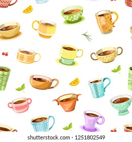 Coffee or tea poured in cup seamless pattern vector. Mug with drink, cherry berry with leaves. Cafeteria with americano and latte