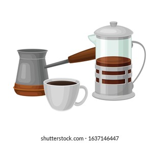 Coffee and Tea Poured in Cup and Teapot Isolated on White Background Vector Composition