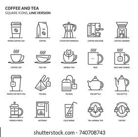 Coffee and tea related, pixel perfect, editable stroke, up scalable vector icon set. 