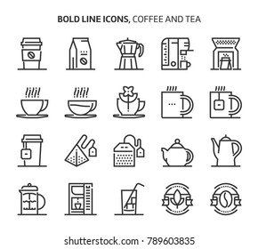 Coffee and tea related, pixel perfect, editable stroke, up scalable vector icon set. 