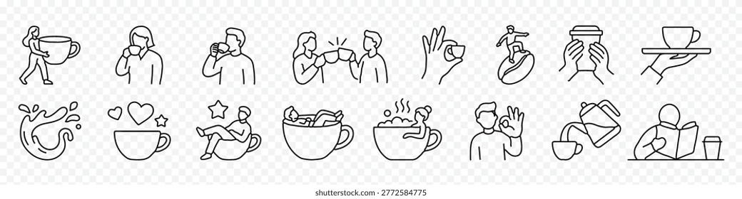 Coffee, tea, and relaxation icon set – editable outline symbols of drinking, takeaway cup, cheers, enjoyment, coffee break and cozy moments, Coffee cup icon
