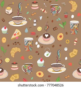 Coffee and tea restaurant hand drawn cartoon doodle vector seamless pattern, shop menu design. 