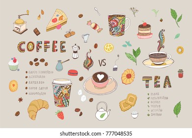 Coffee and tea restaurant hand drawn cartoon doodle illustrations set, shop menu design. 