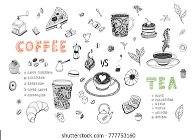 Coffee and tea restaurant hand drawn cartoon doodle illustrations set, shop menu design. 