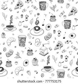 Coffee and tea restaurant hand drawn cartoon doodle vector seamless pattern, shop menu design. 