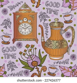 coffee, tea. seamless background with text and vintage items 