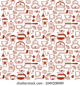 Coffee and tea seamless pattern. Contour icons on white background. Linear style vector illustration. Suitable for wallpaper, wrapping or textile