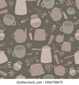 Coffee and tea seamless pattern of coffee cups, teapot, cup of tea, coffee pot, makers for cafeteria design. Vector background of teapot, cup of tea, coffee pot, cinnamon, cloves, coriander