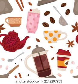 Coffee and tea seamless pattern. Hot drinks accessories. Teapot and ceramic cup. Cozy breakfast elements. Aroma beans. Cinnamon and anise. French press. Spoon and mug