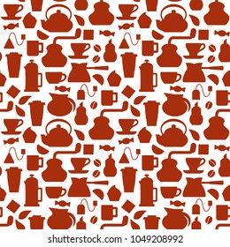 Coffee and tea seamless pattern. Icons silhouettes on white background. Flat style vector illustration. Suitable for wallpaper, wrapping or textile