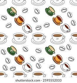 Coffee, tea seamless pattern. Coffee, tea illustration. Coffee, tea background. Perfect for fabric, textile, wallpaper, decor, illustration, print, packaging of products. SSTKbackgrounds