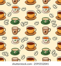 Coffee, tea seamless pattern. Coffee, tea illustration. Coffee, tea background. Perfect for fabric, textile, wallpaper, decor, illustration, print, packaging of products. SSTKbackgrounds