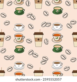 Coffee, tea seamless pattern. Coffee, tea illustration. Coffee, tea background. Perfect for fabric, textile, wallpaper, decor, illustration, print, packaging of products. SSTKbackgrounds