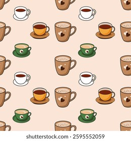 Coffee, tea seamless pattern. Coffee, tea illustration. Coffee, tea background. Perfect for fabric, textile, wallpaper, decor, illustration, print, packaging of products. SSTKbackgrounds