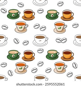 Coffee, tea seamless pattern. Coffee, tea illustration. Coffee, tea background. Perfect for fabric, textile, wallpaper, decor, illustration, print, packaging of products. SSTKbackgrounds