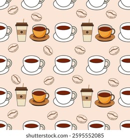 Coffee, tea seamless pattern. Coffee, tea illustration. Coffee, tea background. Perfect for fabric, textile, wallpaper, decor, illustration, print, packaging of products. SSTKbackgrounds